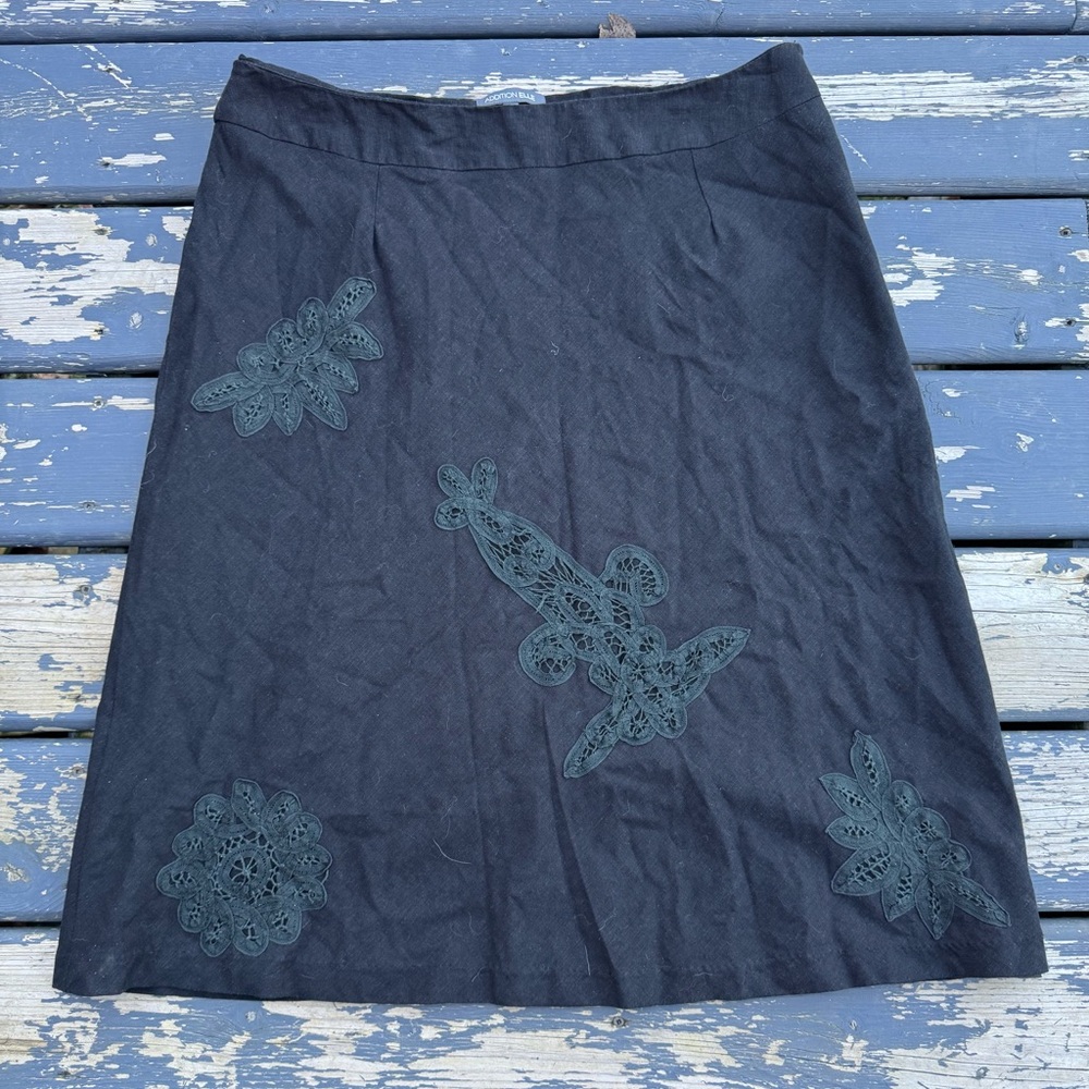 Addition Elle Dark Gray A-Line Skirt with Floral Appliqué